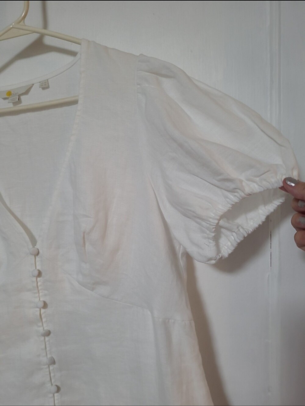 Boden Linen White Puff Sleeve Button-Front Blouse 12 LARGE - Picture 2 of 6